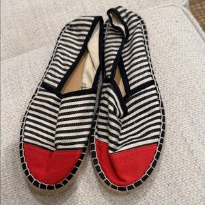 J. Crew Striped Black-and-White Espadrilles with Red Toe Cap